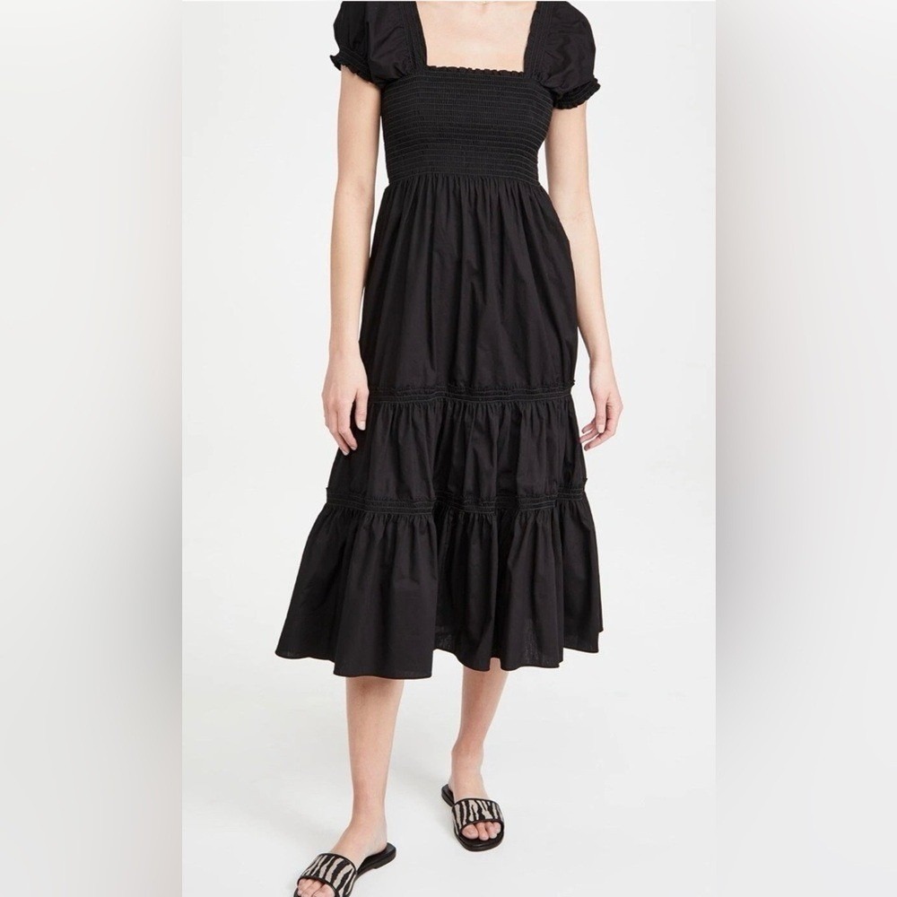 O.P.T. Anthropologie "Daphne" Black Square Neck Smocked Tiered Midi Dress XS